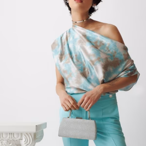 Bluză damă satinată turquoise cu imprimeu 24CR
