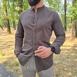 Cămașă bărbați maro din bumbac cu in 08GMVL