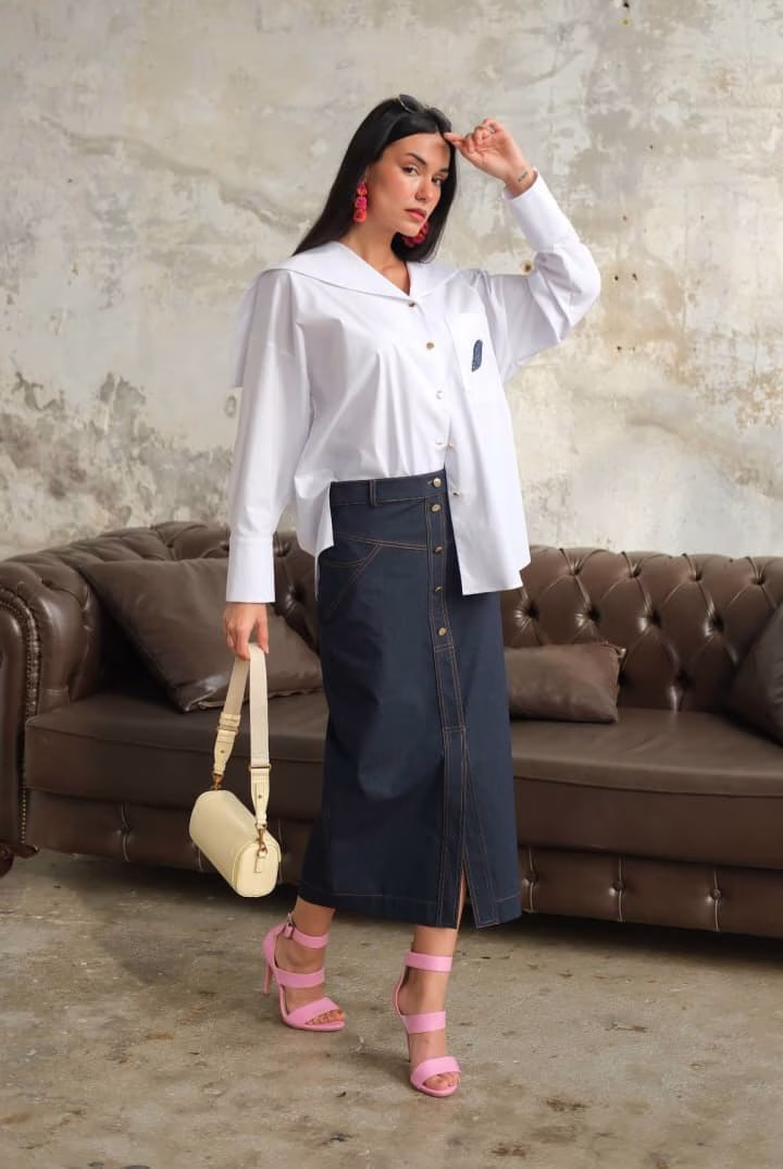 Compleu casual damă cu cămașă albă și fustă din denim 25CR