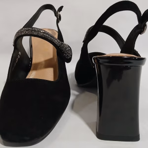 Pantofi damă eleganți negri din piele naturală întoarsă, cu toc gros 12CR