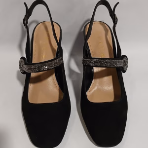 Pantofi damă eleganți negri din piele naturală întoarsă, cu toc gros 12CR