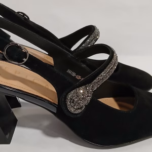 Pantofi damă eleganți negri din piele naturală întoarsă, cu toc gros