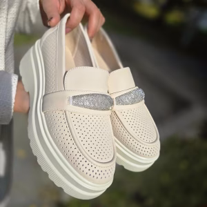 Pantofi damă piele naturală bej, talpă groasă 06CRVL
