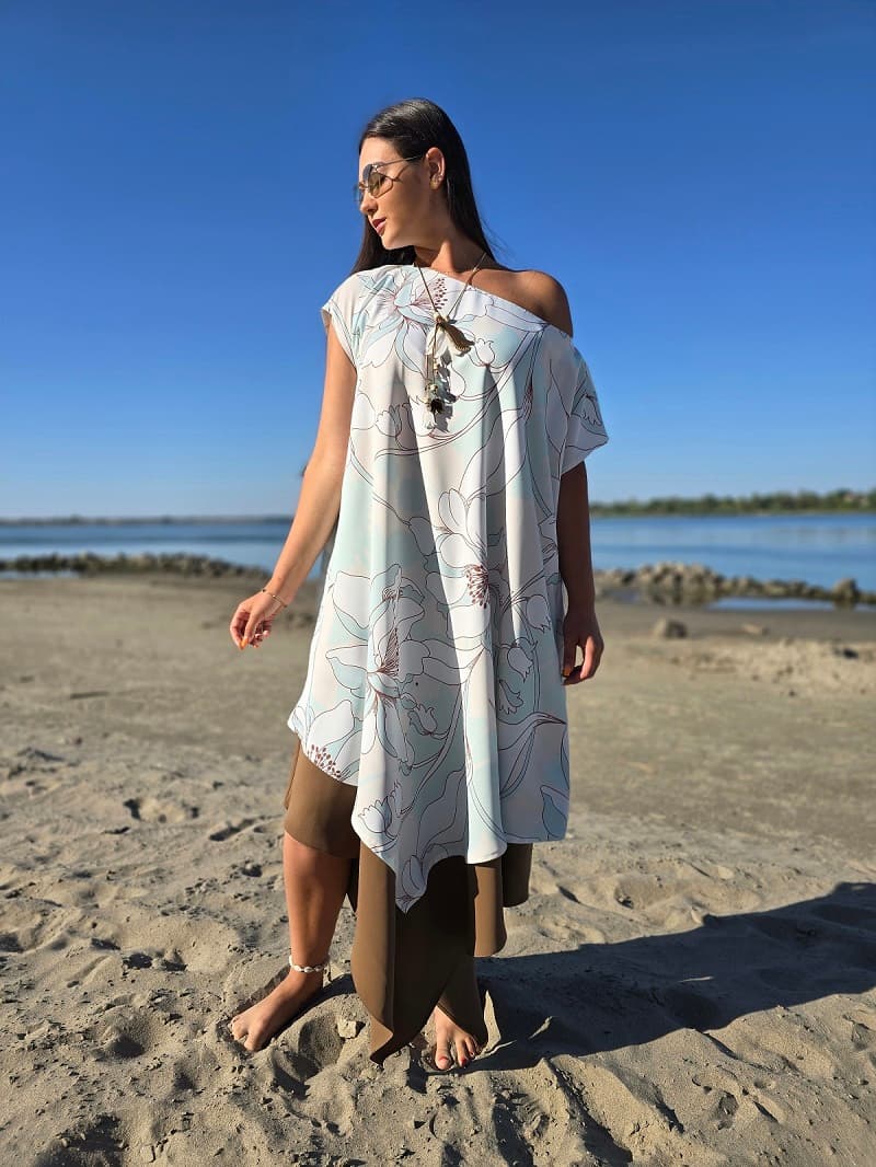 Imagine pentru Rochie midi lejeră cu imprimeu floral pastelat și detaliu maro