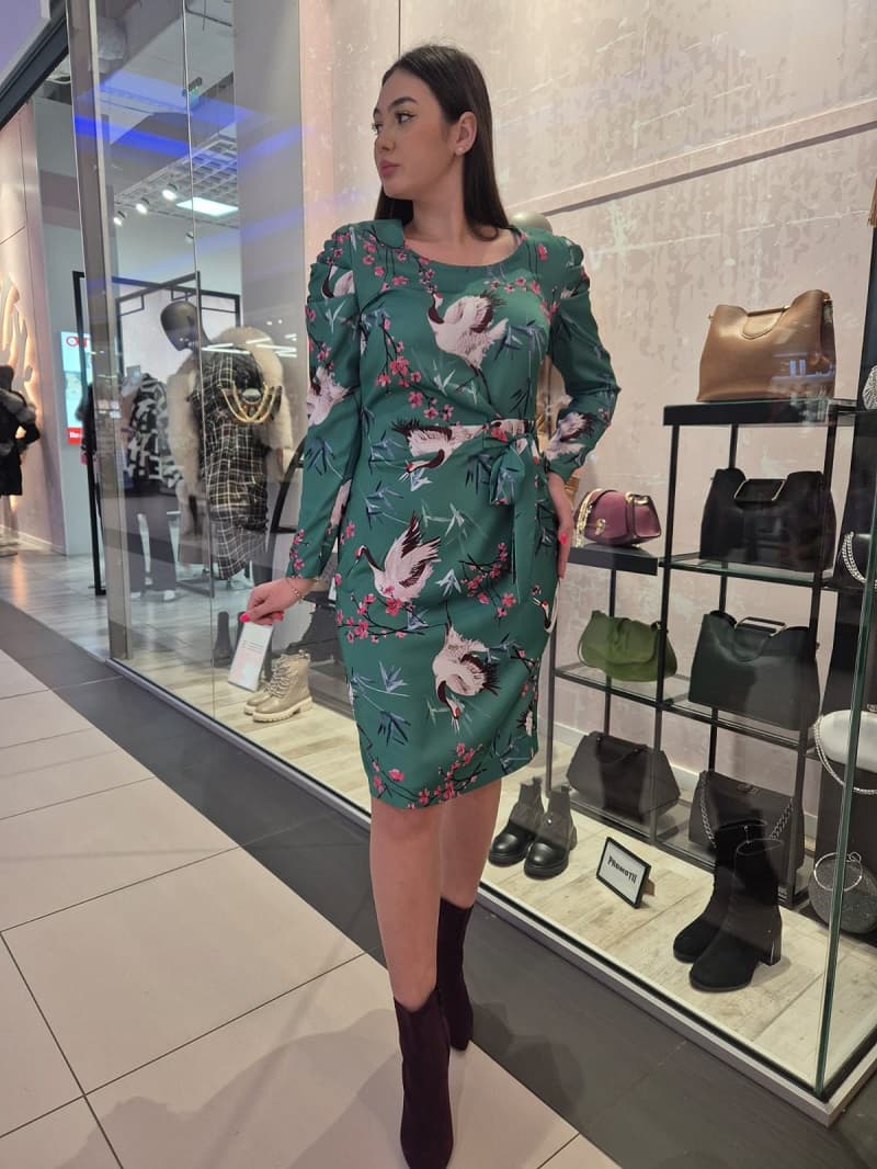 Imagine pentru Rochie damă verde smarald cu imprimeu floral, croi drept