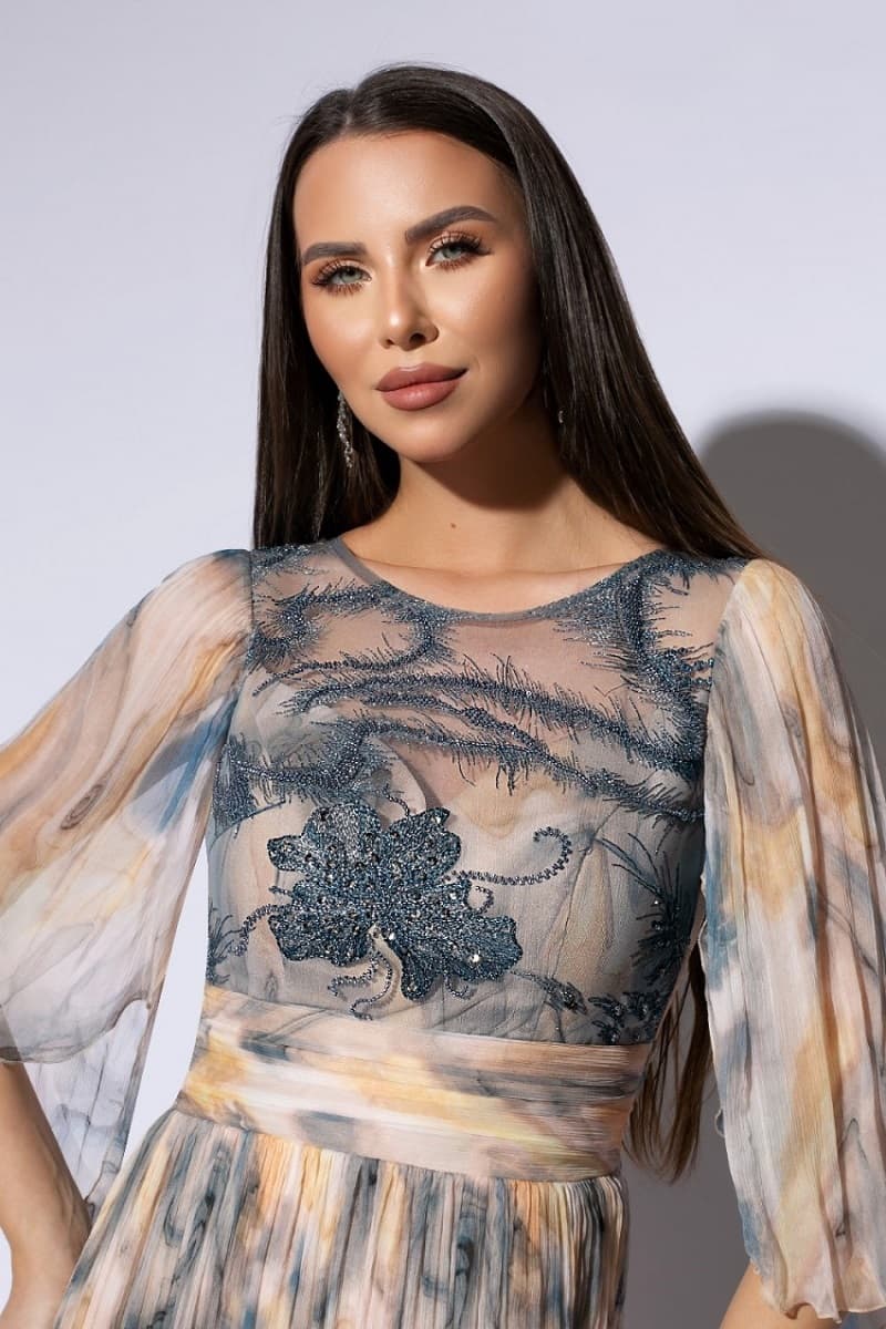 Imaginea numarul 2 reprezentatand Rochie lungă din mătase naturală crem imprimata
