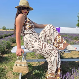 Compleu dama bej-maro imprimat din bumbac 100%