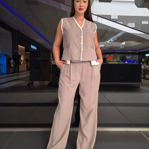 compleu dama casual bej 2 piese, vesta, pantaloni lungi eleganti 10VL