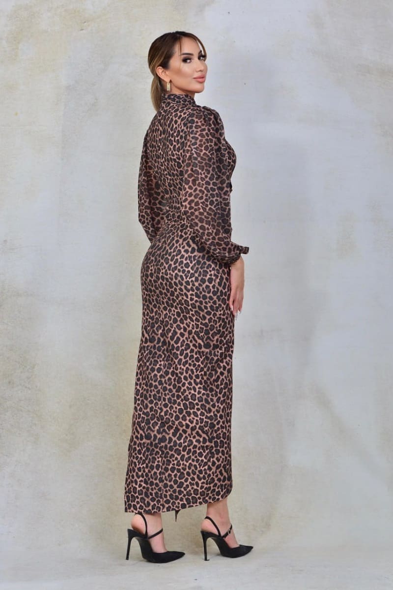 Imaginea numarul 2 reprezentatand Rochie elegantă lungă cu animal print, crăpătură frontală