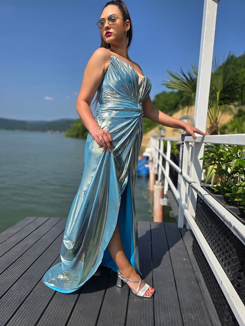 Imaginea numarul 4 reprezentatand Rochie Lungă Tip Sirenă – Albastru cu Crepeu Frontal