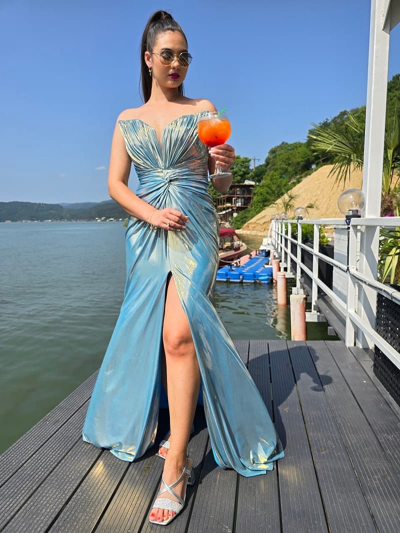 Imagine pentru Rochie Lungă Tip Sirenă – Albastru cu Crepeu Frontal