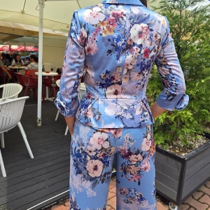 Compleu dama bleu pastelat 2 piese, sacou satin, pantaloni triplu voal 65tj