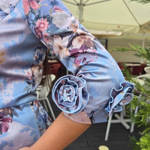 Compleu dama bleu pastelat 2 piese, sacou satin, pantaloni triplu voal 65tj