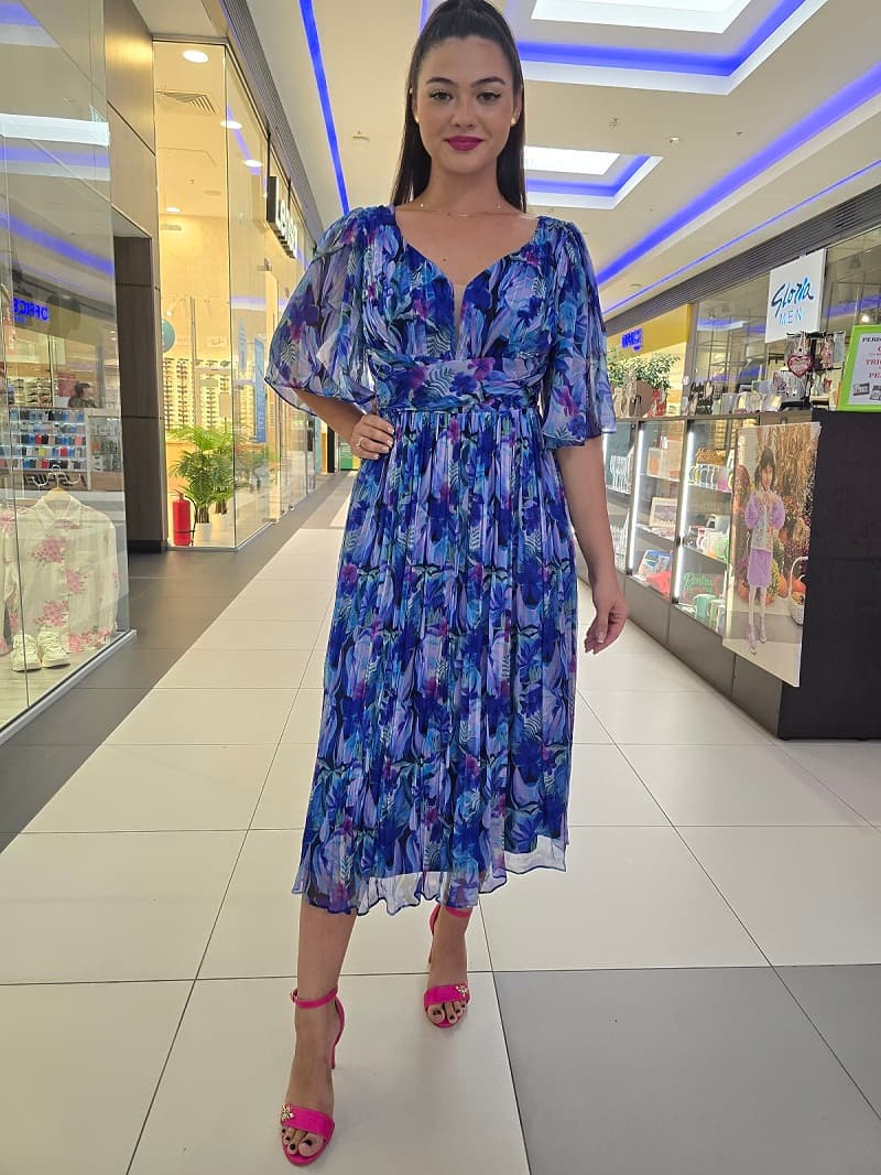 Imagine pentru Rochie eleganta din matase naturala imprimata, albastru floral