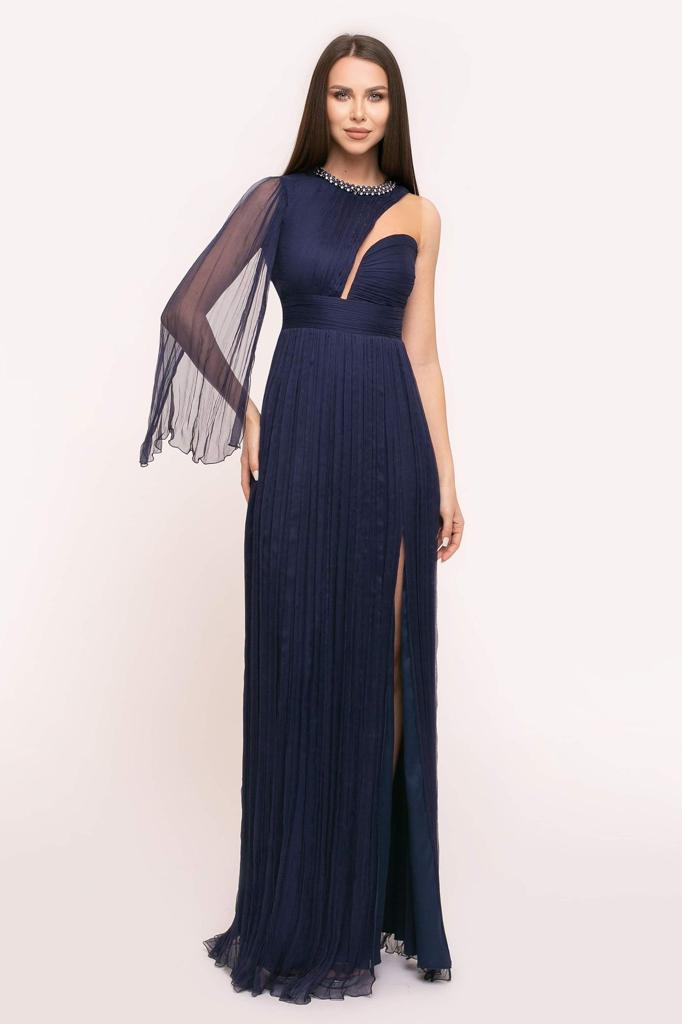 Imagine pentru Rochie lunga eleganta bleumarin din matase naturala