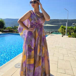 Rochie lunga eleganta, imprimeu floral galben lila 26VL
