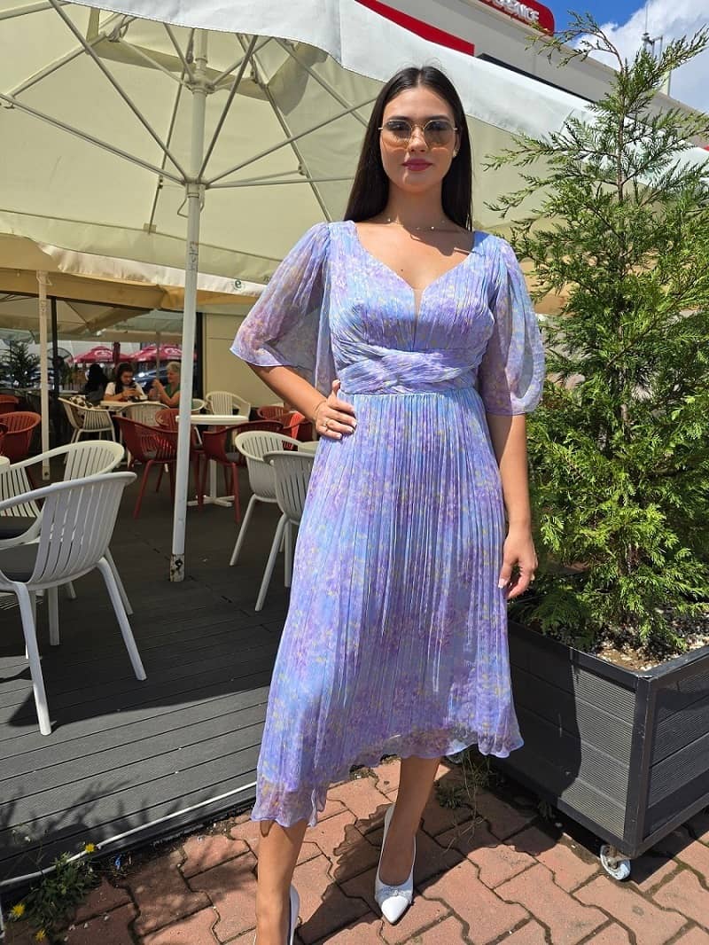 Imaginea numarul 2 reprezentatand Rochie eleganta din matase naturala lila – imprimeu floral, midi