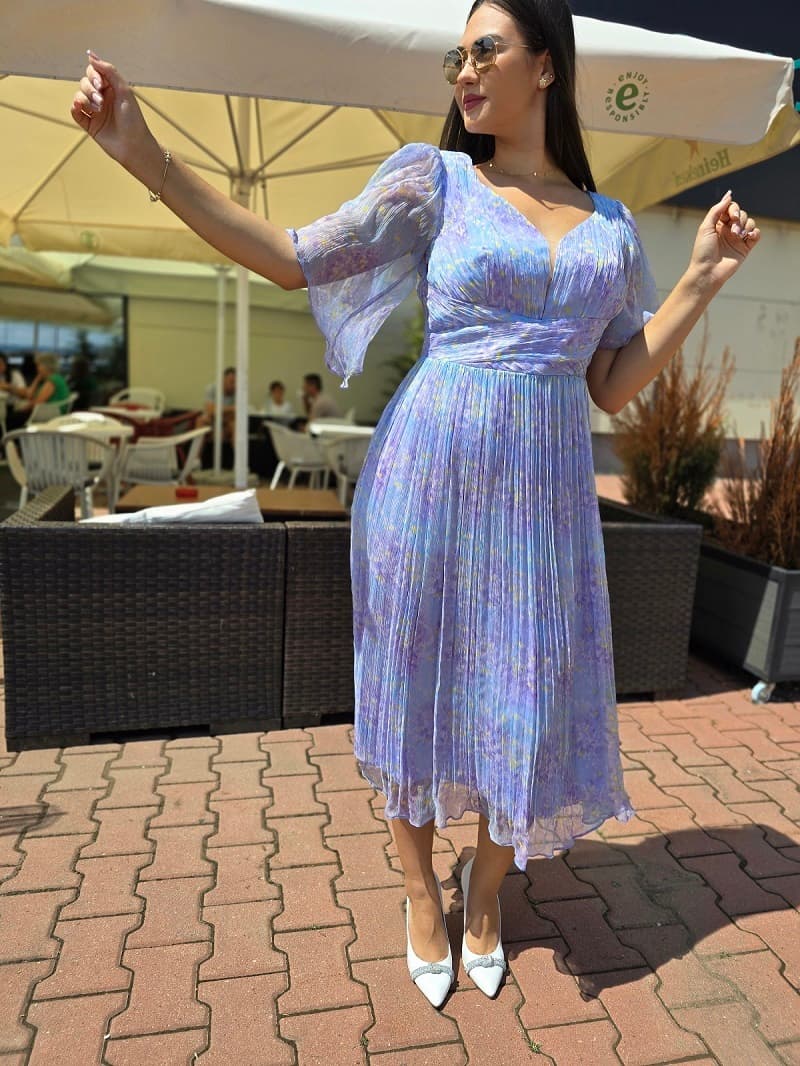 Imagine pentru Rochie eleganta din matase naturala lila – imprimeu floral, midi