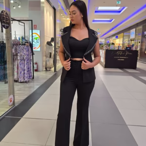 compleu elegant negru dama, trei piese – top bustiera, vesta, pantaloni evazati