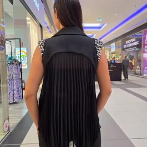 compleu elegant negru dama, trei piese – top bustiera, vesta, pantaloni evazati