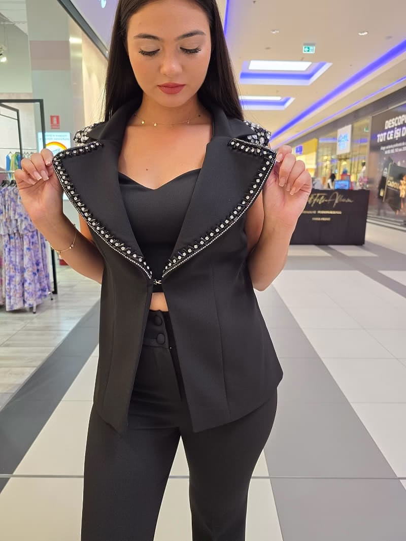 compleu elegant negru dama, trei piese – top bustiera, vesta, pantaloni evazati 109SV (3) compleu elegant negru dama, trei piese – top bustiera, vesta, pantaloni evazati