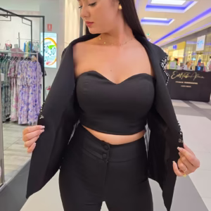 compleu elegant negru dama, trei piese – top bustiera, vesta, pantaloni evazati