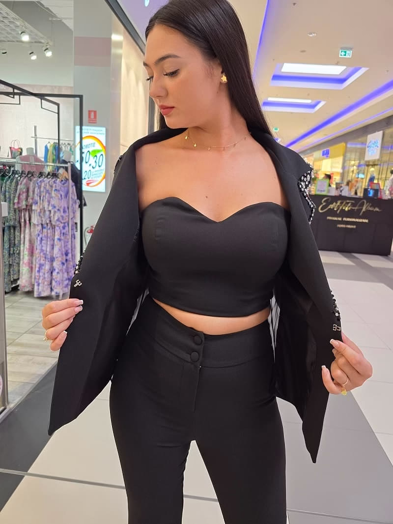 compleu elegant negru dama, trei piese – top bustiera, vesta, pantaloni evazati 109SV (4) compleu elegant negru dama, trei piese – top bustiera, vesta, pantaloni evazati