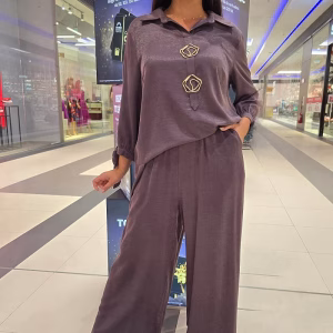 compleu maro ciocolata elegant dama, bluza lejera, pantaloni largi 107SV