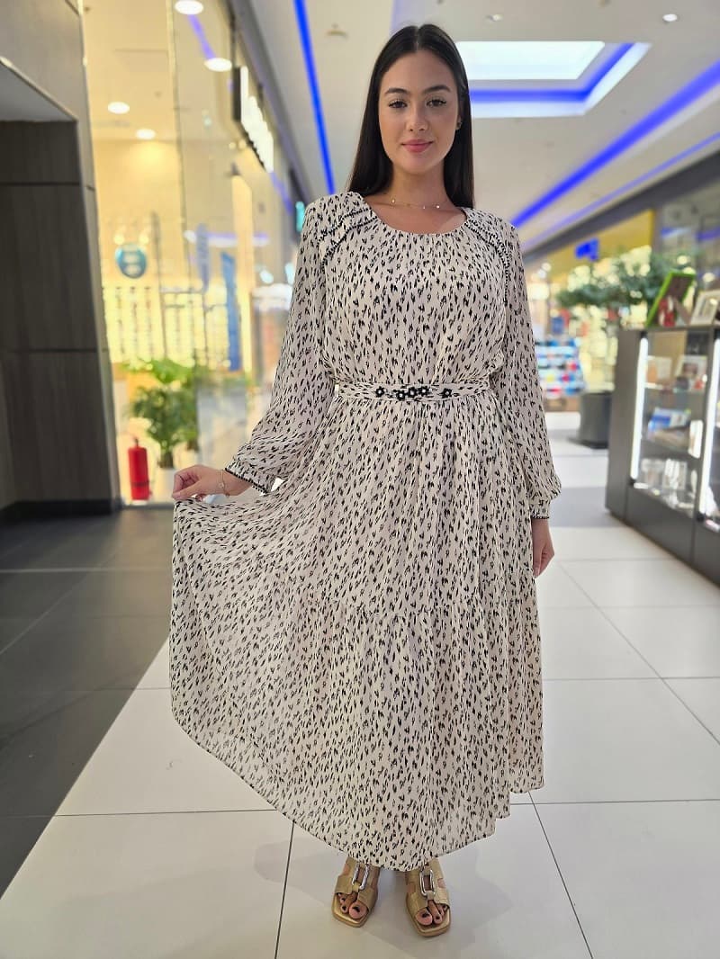 Imagine pentru Rochie Dama Midi din Voal – Alb-Negru cu imprimeu si curea
