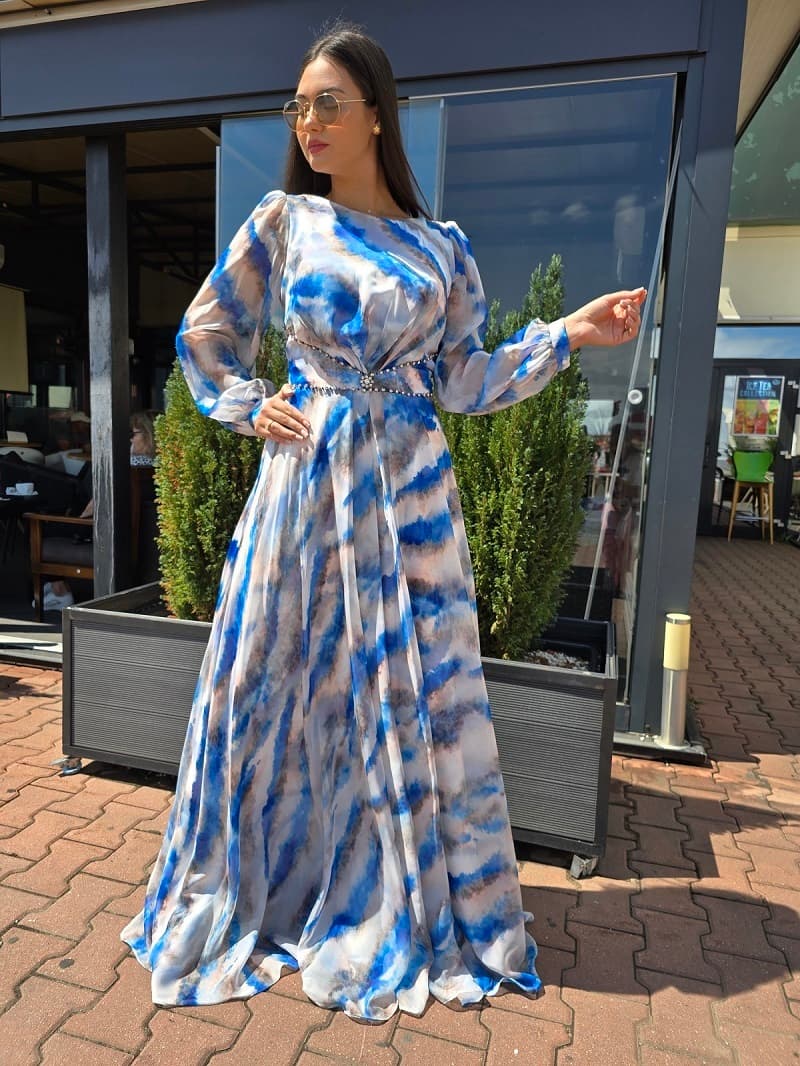 Imagine pentru Rochie Lunga Eleganta – Voal, Albastru cu Alb