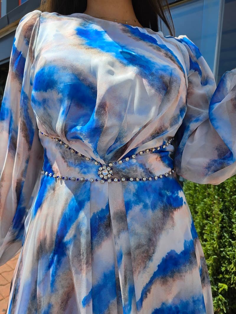 Imaginea numarul 2 reprezentatand Rochie Lunga Eleganta – Voal, Albastru cu Alb