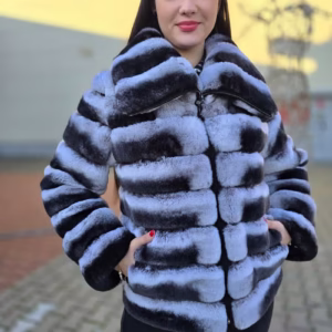 blana chinchilla naturala in doua nuante, cu fermoar si maneci detasabile
