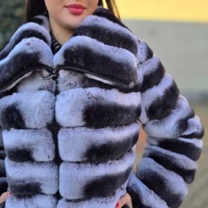 blana chinchilla naturala in doua nuante, cu fermoar si maneci detasabile