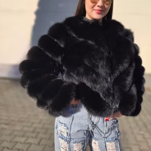 Blana scurta neagra de dama din vulpe cu maneci detasabile
